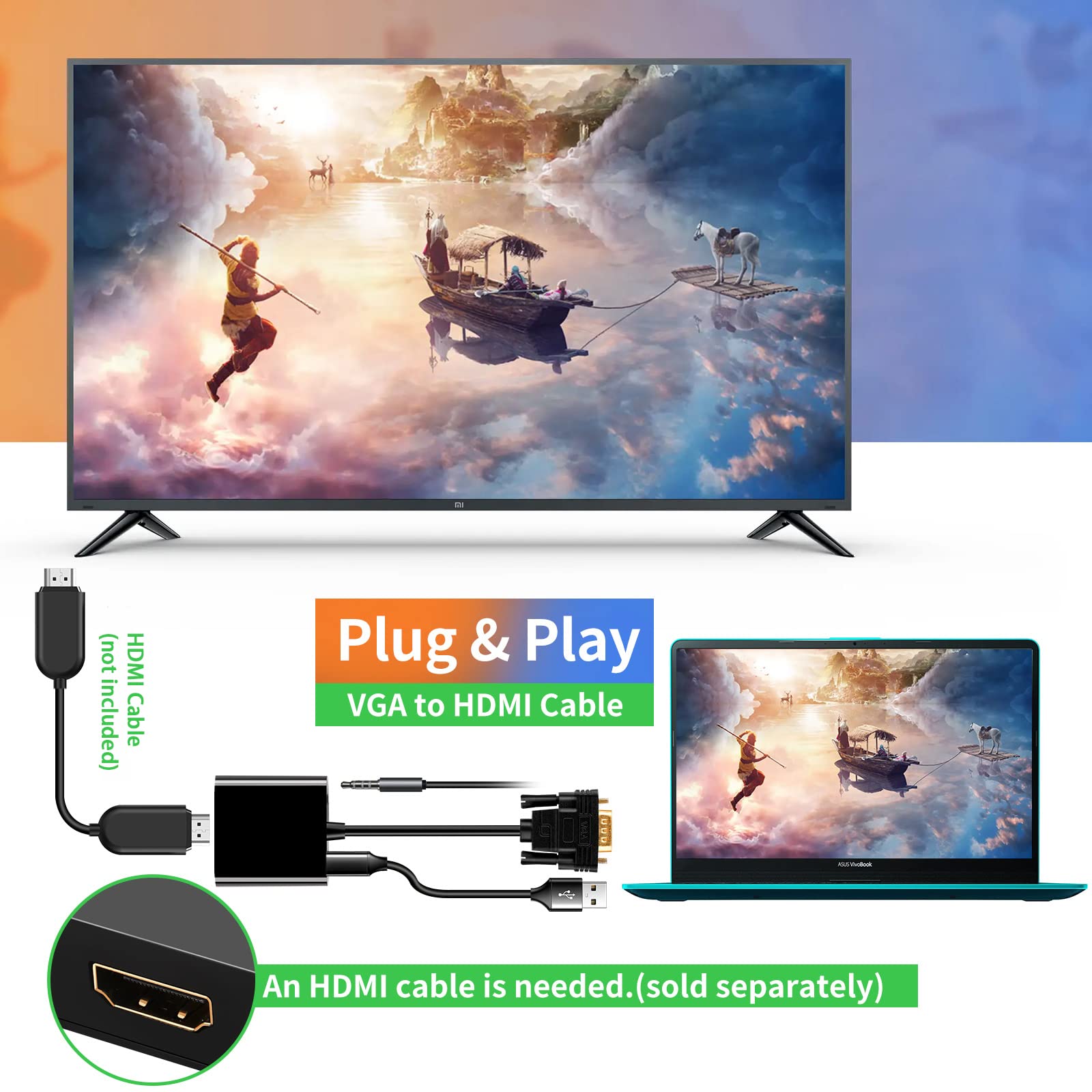 Vga To Hdmi Adapter Converter 15 Pin D Sub To Hdmi Converter 1080P Full Hd Vga Source Output To Hdmi Host Input Video Dongle For Monitor, Laptop, Hdtv, Pc (Vga Output To Hdmi Input, Irreversible)